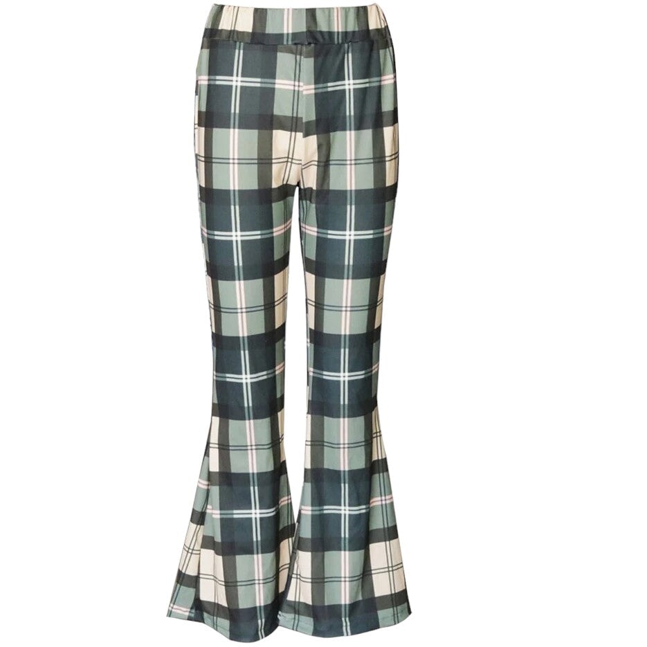 Pantalon Écossais Vintage Évasé Vert M