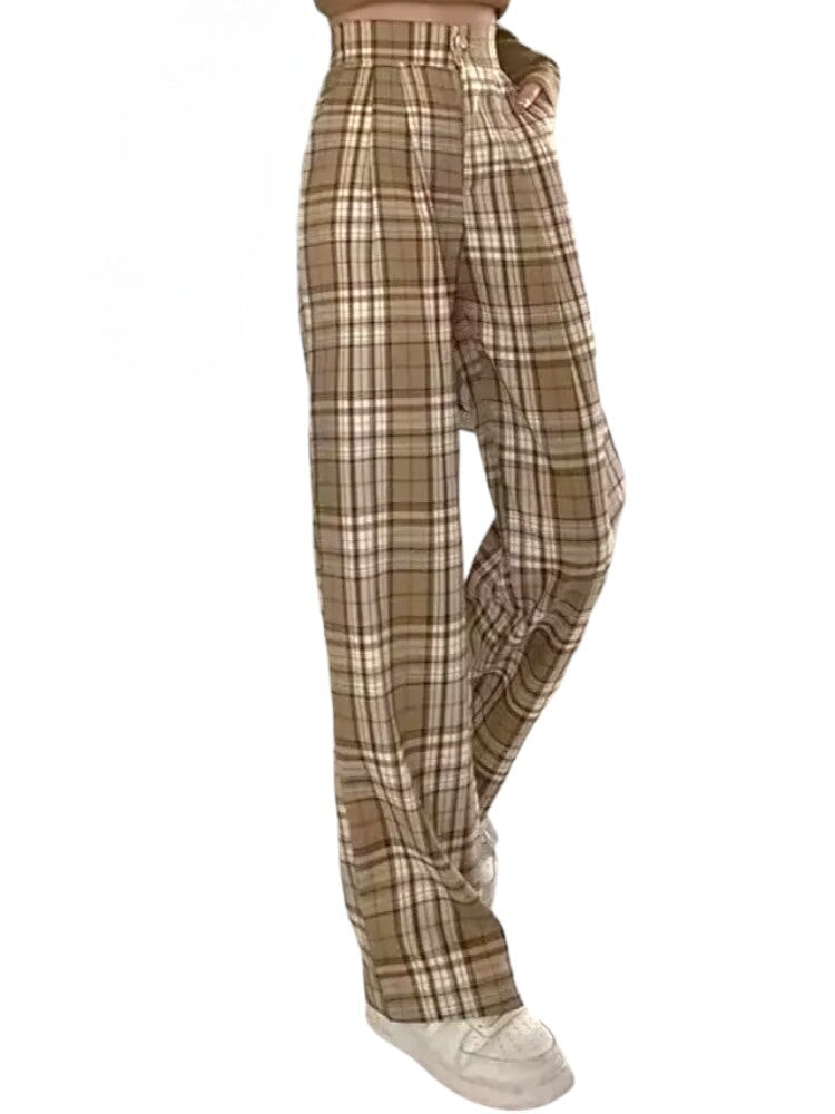 Pantalon Écossais Pince Évasé Jaune Kaki
