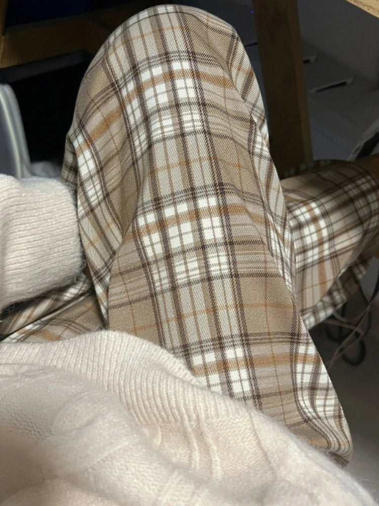 Pantalon Écossais Pince Évasé Jaune Kaki