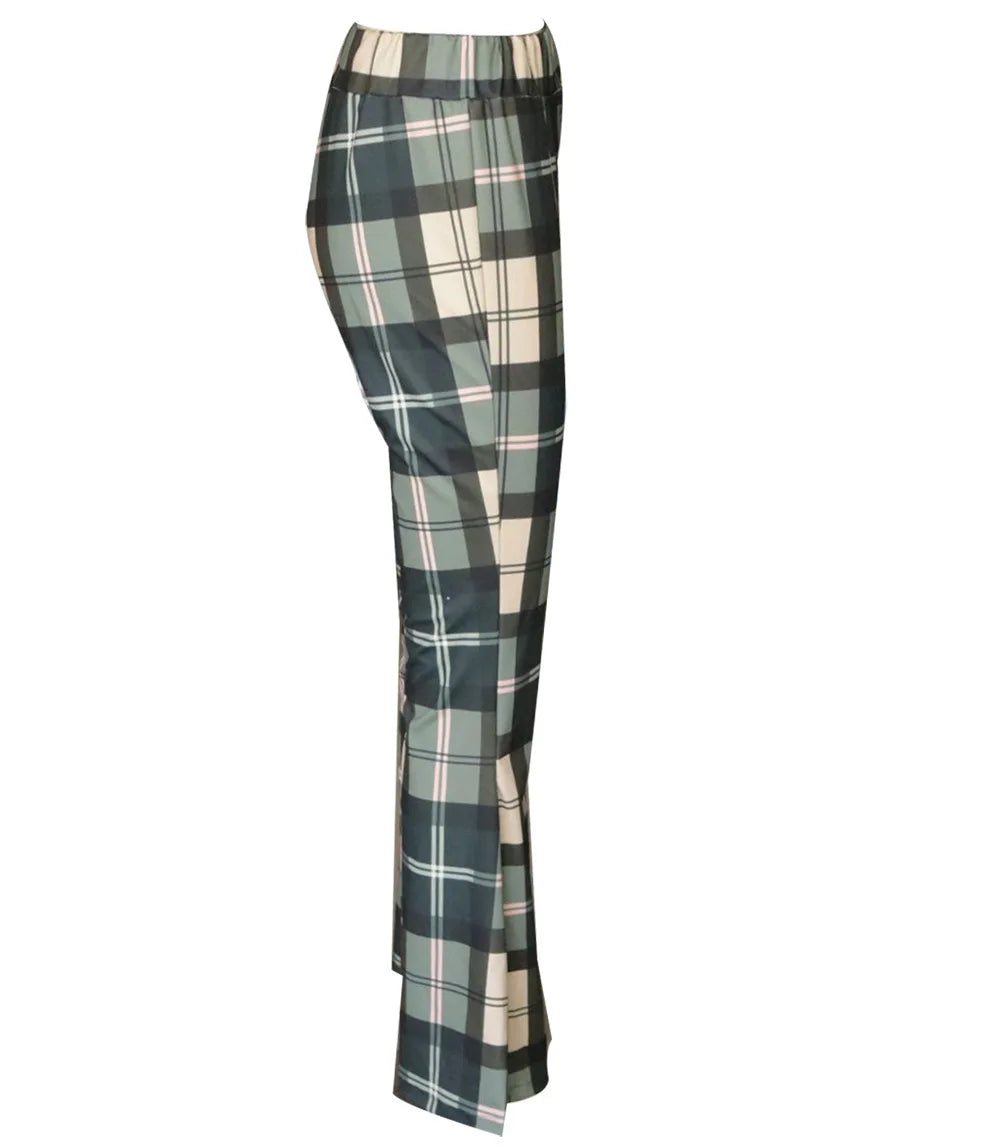 Pantalon Écossais Vintage Évasé Vert L