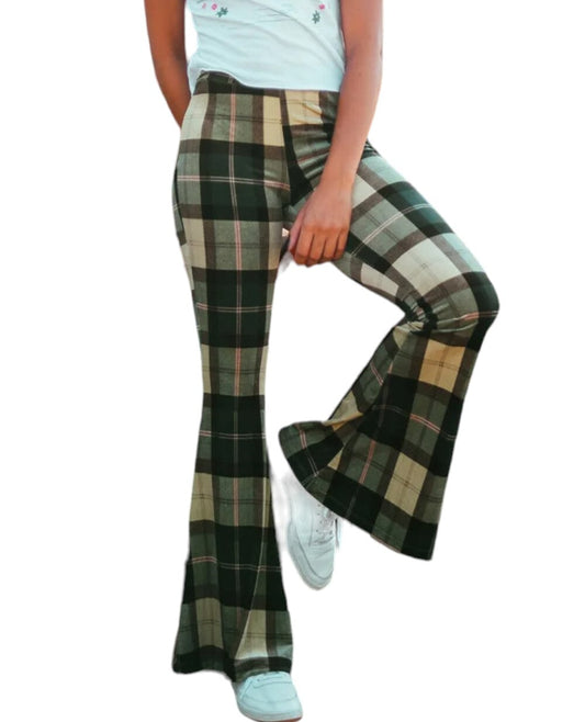 Pantalon Écossais Vintage Évasé Vert S