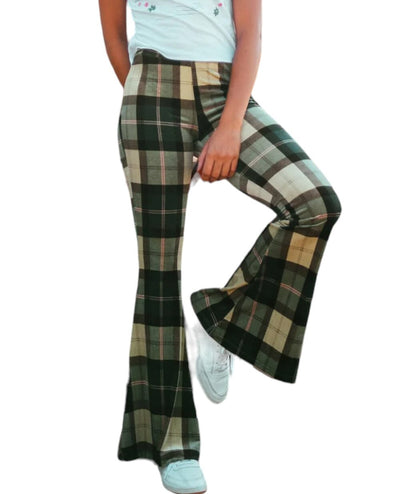 Pantalon Écossais Vintage Évasé Vert